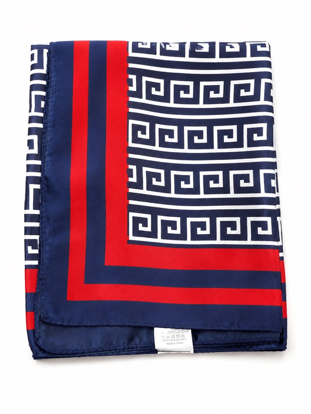 Navy Red Greek Key Scarf 35x35 Silk Look Square Geometric Wrap